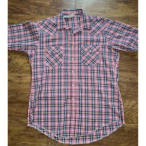 Western Frontier short sleeve red/blue/white Western pearl snap shirt sz L
